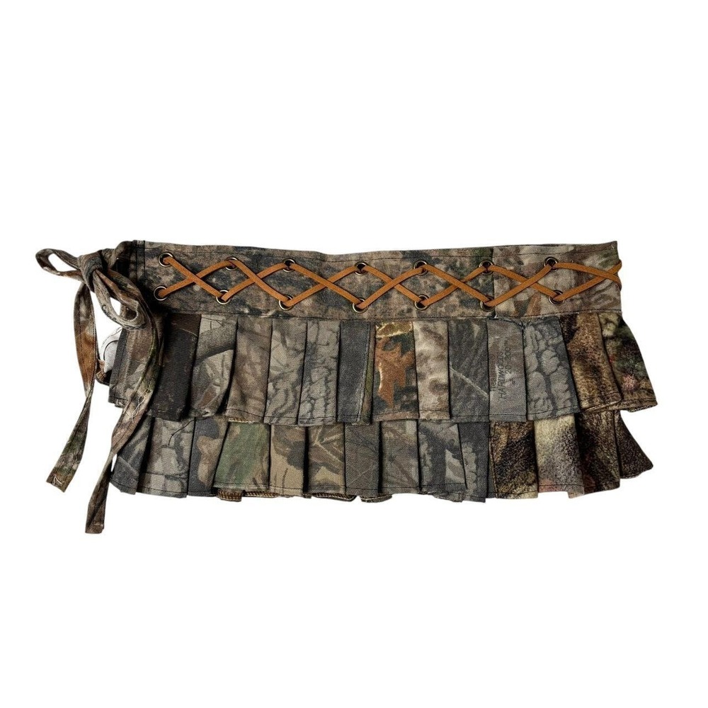 upcycled camo print pleated mini skirt-belt